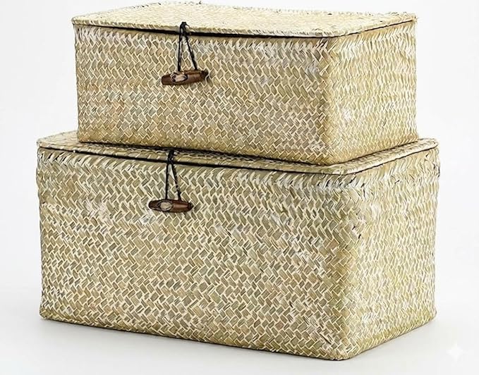 Nonam Storage Basket with Lid, Natural Seagrass Bin with Lid Set of 2, Shelf Baskets Multipurpose Container for Boho Decoration, Rectangular Household Storage Boxes for Home Organization-White