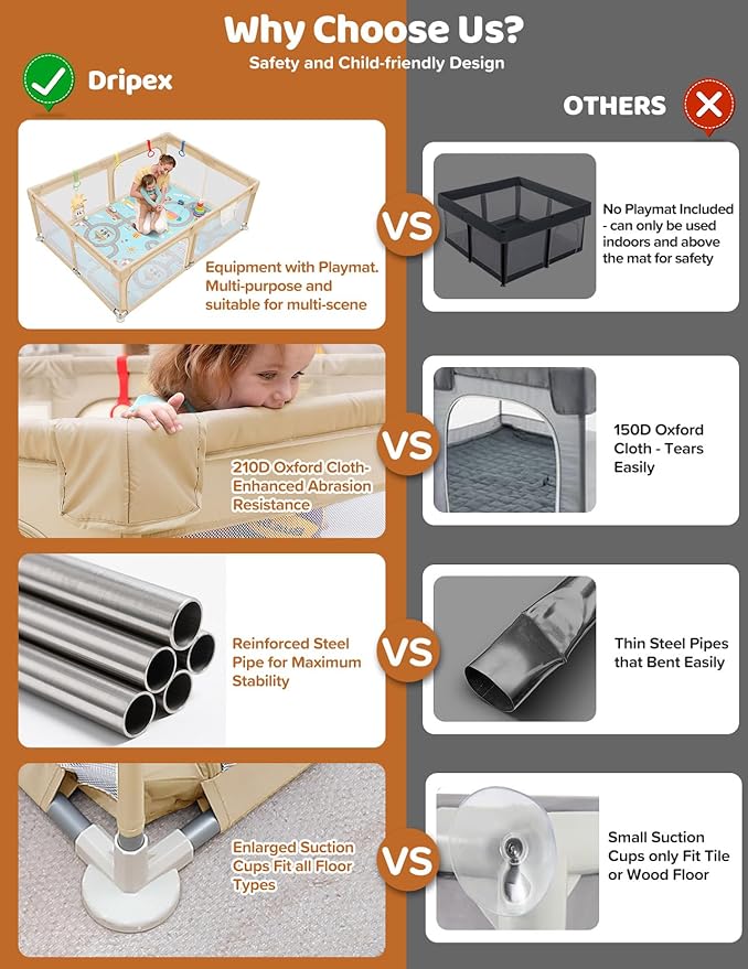 Dripex Baby Playpen with Mat, 71"x47" Play Pen for Toddlers 1-3 Years, Soft Breathable Visible Mesh, Indoor/Outdoor Portable Play Yard with Mat, Safe Baby Fence Play Area, Beige