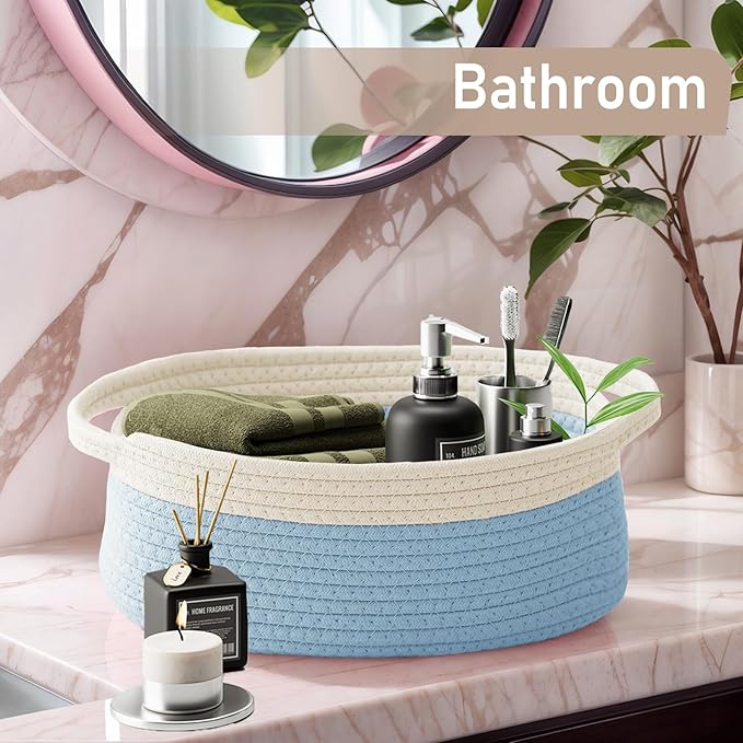 JMvicyroam Woven Basket,Small Rope Storage Bin with Handles & Ribbon Bag, Organizer for Shelves Closets,Gift Basket Empty for Birthday,Books,Dog Toys, White&Blue/2 Pack