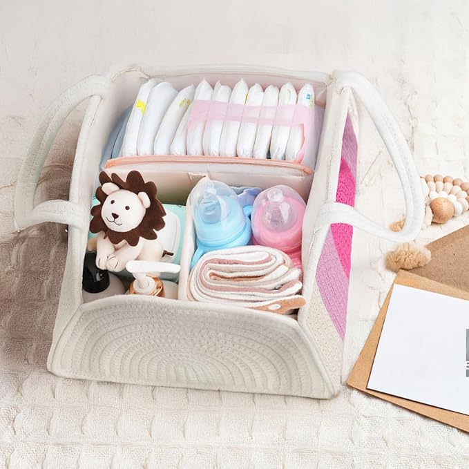 JMBNH Baby Diaper Caddy- With Removable Dividers, Nursery Storage Bin and Car Organizer,Boy & Girl Shower Gift Basket,Portable Organizer,Nursery Essentials-Rainbow Pink