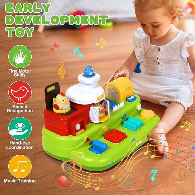 Vunrahsg Interactive Pop Farm Animal Up Toys with Music Sounds Montessori Cause and Effect for 1-3 Baby Boy Girl Early Educational Musical Baby Infant STEM Gift 12-18 Months Babies Birthday