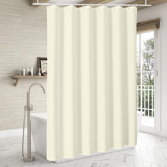 MitoVilla Waffle Small Stall Shower Curtain 36 x 72, Farmhouse Half Size Shower Curtain, Beige Fabric Narrow Shower Curtains for Bathroom Decor, 36 inch Weighted Shower Curtain Set, Cream