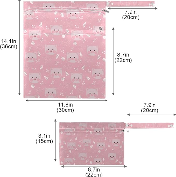 visesunny Cute Pink Pig Funny 2Pcs Wet Bag with 2 Zippered Pockets Snap Handle Washable Reusable Roomy for Travel,Beach,Pool,Daycare,Stroller,Diapers,Dirty Gym Clothes, Wet Swimsuits, Toiletries