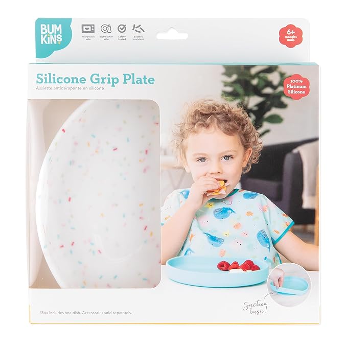 Bumkins Toddler and Baby Suction Plate, Silicone Grip Dish for Babies and Kids, Baby Led Weaning, Children Feeding Supplies, Non Skid Sticky Bottom, Platinum Silicone, 6 Months Up, Vanilla Sprinkles