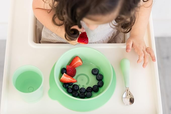 Ubbi Toddler Feeding Set, 7-Piece, Plate, Bowl, Cup + Baby & Toddler Stainless Steel Utensils, Interchangeable Suction Base, BPA-Free Dishwasher Safe, Self-Feeding for Baby-Led Weaning, Green