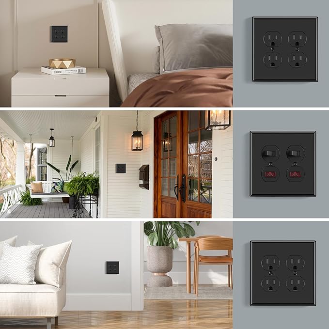 AIDA 2-Gang Duplex Receptacle Wall Plates, 4.88"H x 4.94"L Mid-Size Unbreakable Thermoplastic Cover for Outlets, UL Listed (10 Pack, Glossy Black)