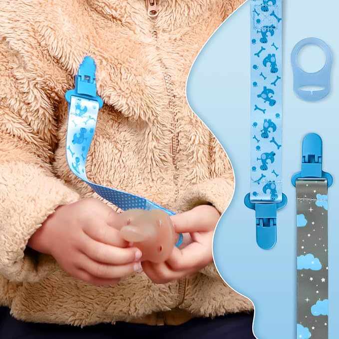 4 Pack Pacifier Holder Clips for Boys, Dummy Clips Boys with Adapters, Silicone Binky Clips for Baby Teething Toys Baby Shower