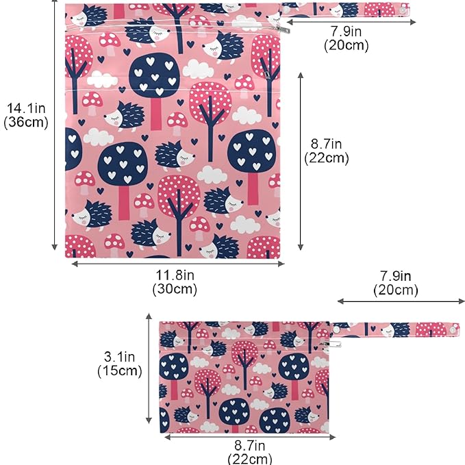 visesunny Hedgehog Forest 2Pcs Wet Bag with Zippered Pockets Washable Reusable Roomy for Travel,Beach,Pool,Daycare,Stroller,Diapers,Dirty Gym Clothes, Wet Swimsuits, Toiletries