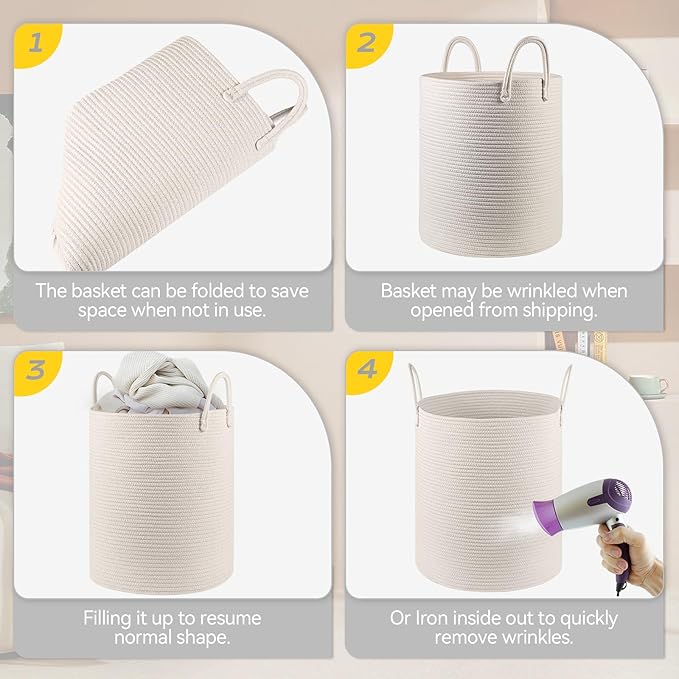 Cotton Rope Laundry Basket Hamper for Girls Kids Baby Nursery Hamper Bin Woven Storage Basket for Living Room cute laundry basket Tall Laundry Basket for Blanket Toy storage bin&box(White)