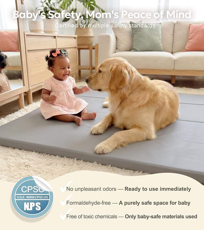 Mallify Foldable Baby Play Mat, 50''x50'' Waterproof Thicken Foam Vegan Leather Playpen Mat for Infants and Toddlers, Portable Baby Mat for Floor, Grey