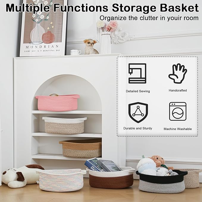 Small Woven Rope Basket-Empty Gifts Basket with Bag and Ribbons,Cute Handle Organizer Box for Birthday/Baby Shower, Toy Storage, Nursery Organizing & Shelf Decor(Pink)