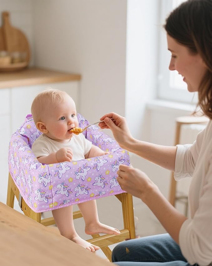 High Chair Cover Portable with 3-Point Harness, Waterproof Baby Seat Cover for Restaurant Travel Home Use, Machine Washable, Fits Wooden Chairs (Purple Unicorn)