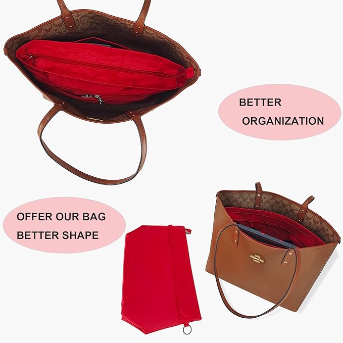 Time Wing Handbag Tote Purse Organizer Insert Bag Liner Shaper Divider Zipper 11 Pockets Compartments Large Red