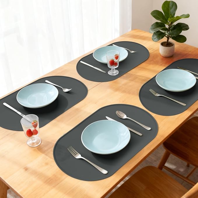Silicone Placemat Set of 2, Heat Resistant Placemats for Dinning Table, Reusable Portable Kids Baby Placemats, Waterproof Stain-Proof Toddler Food Mats, Easy to Clean Silicone Mat Oval Placemat