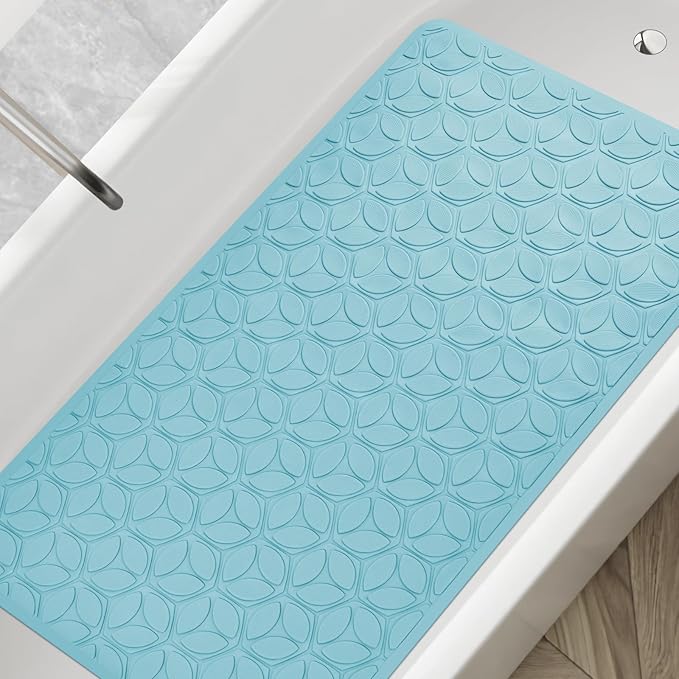 Bathtub Mat Non Slip with Suction Cups - 100% Rubber Bathroom Mat Textured for Bath Tub Shower Safety - Soft on Touch - BPA/PVC Free - Pet Dog Bath Mat - Machine Washable - 17 × 35 Inch(Blue)
