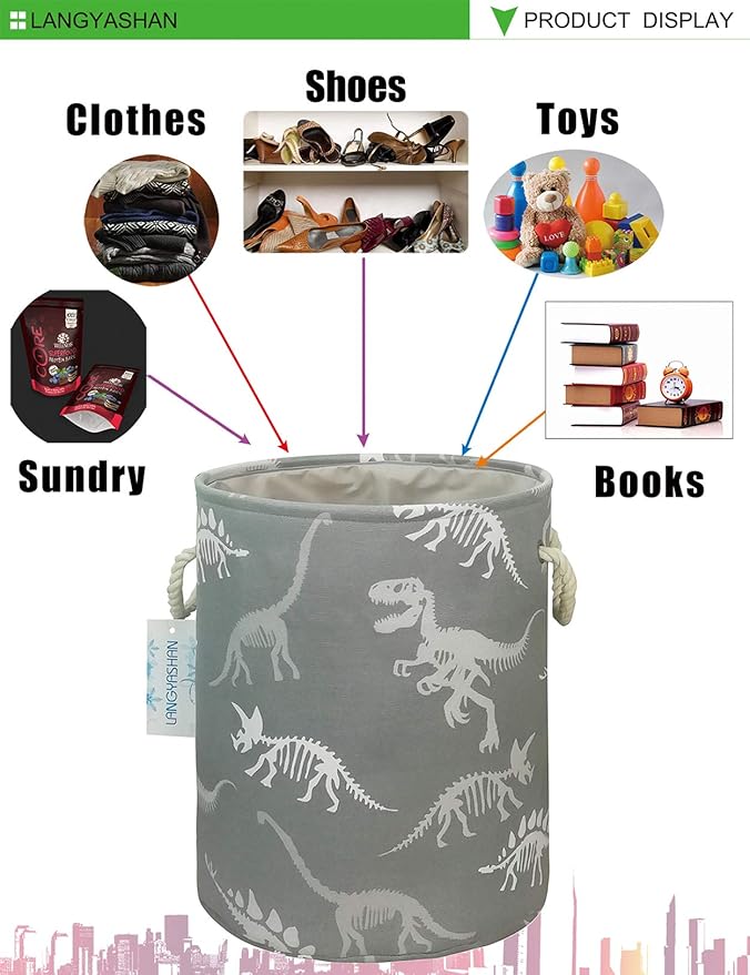 LANGYASHAN Laundry Basket Canvas Collapsible Organizer Storage Basket for Boys Girls Laundry Hamper Toy Bins Gift Baskets Bedroom Clothes Children Nursery (Gray Dinosaur skeleton)