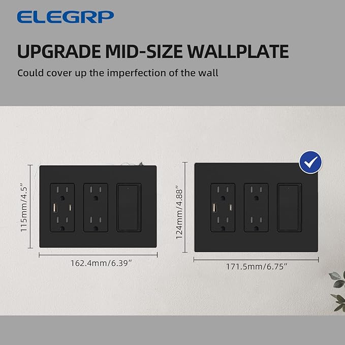 ELEGRP 3-Gang Screwless Decorative Wall Plates, Mid-Size Unbreakable Thermoplastic Faceplate Cover for Decorator Receptacle Outlet Switch, UL Listed (1 Pack, Matte Black)