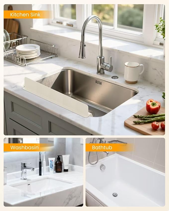 Kitchen Sink Splash Guard 18" Silicone Water Guard with Strong Suction Cups, Faucet & Countertop Protector, Bathroom & Sink Edge Splash Guard Strip, Easy Install, Dishwasher Safe-Cream