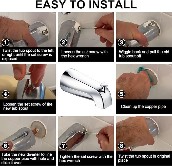 Enhon Slip on Tub Spout with Diverter, Compatible with American Standard 8888026.002 Tub Spout, Bathroom Bathtub Faucet, Fits 1/2 Copper Water Tube(5/8 Dia), 5/32 Hex Wrench(Chrome,1)
