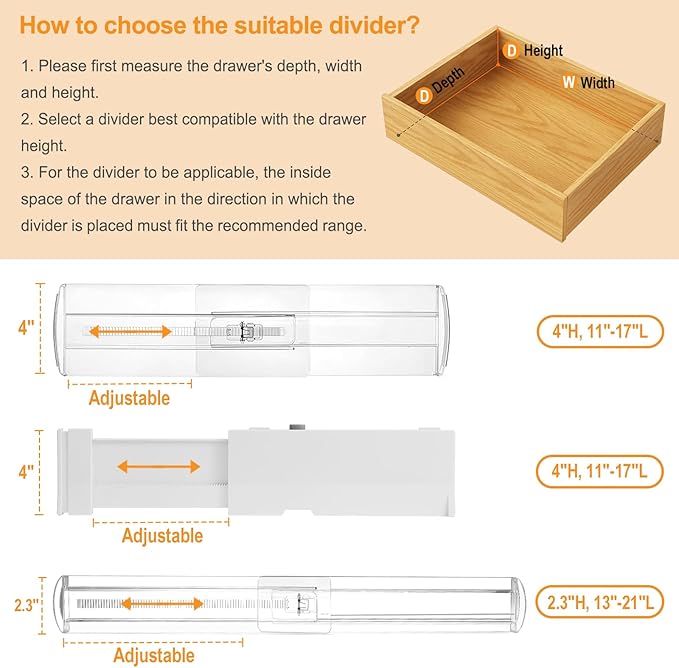 8 Pack 4" High Drawer Dividers for Clothes, 10.6"-16.9" Expandable Drawer Divider Adjustable Drawer Separator, Clear Dresser Drawer Organizer for Clothes, Underwear, Cosmetic, Kitchen Utensils Storage