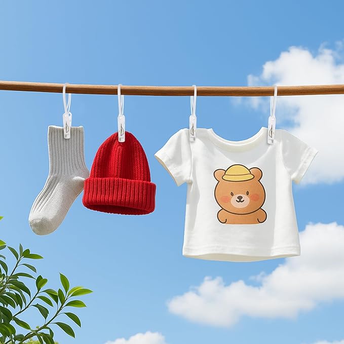 90 Pack Multi-Purpose Clothes Pins Laundry Hooks Hanging Clips with Plastic Rope for Baby Clothes Closet Organizer for Pants Hat Sock Boot Bra Towel Bathroom Wardrobe Kitchen, White