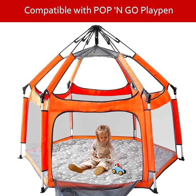 Hexagon Playpen Mat Compatible with POP 'N GO Baby Playpen, 59 Inch Hexagon Playpen Mattress Pad, Non Slip and Padded Play Mat Grey with Star Print