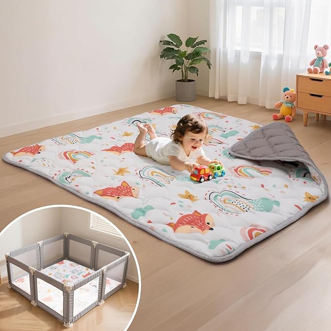Duwenem Baby Play Mat for Floor,50x50 Inch Soft Padding Crawling Mat for Playpen, Foldable and Machine Washable, Thick for Babies & Toddlers,Rainbow Fox