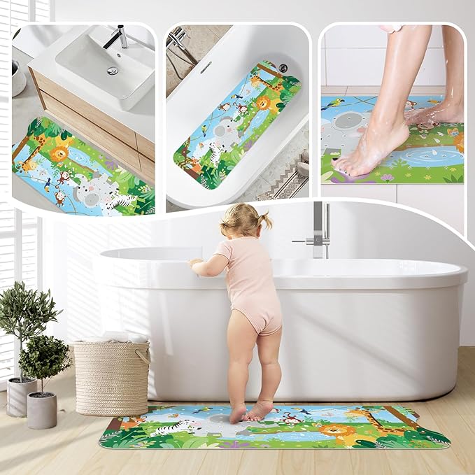 SHUCHING Baby Animal Bath Mat for Tub Non Slip-40 X 16 Inch, Bathtub Mat Non Slip for Kids Baby, Toddler Long Shower Mat for Bathroom