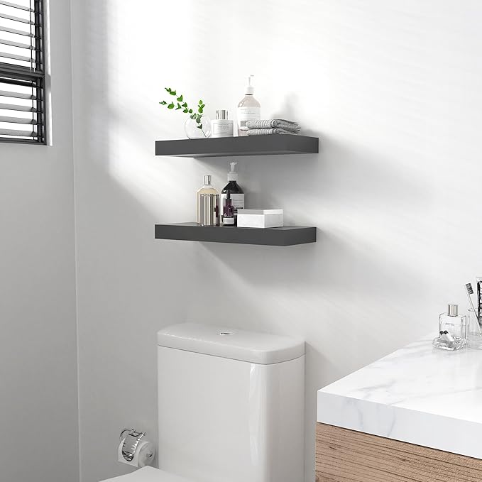 Ballucci Floating Shelves, 24" Wood Wall Shelf Set of 2, with Invisible Brackets for Bathroom, Living Room, Bedroom, Kitchen, Nursery, 6" Deep, Black