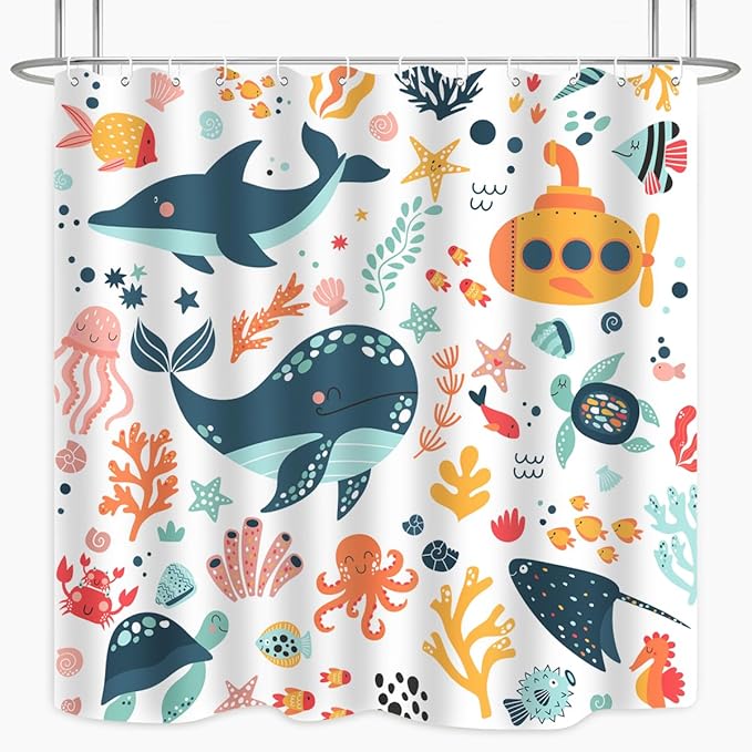 Kids Cartoon Ocean Shower Curtain Cute Fish Sea Turtle Whale Dolphin Funny Underwater Submarine Animal Sea Life Children Boy Home Bathroom Decor Waterproof Fabric 72Lx72W Inch with 12PCS Hooks