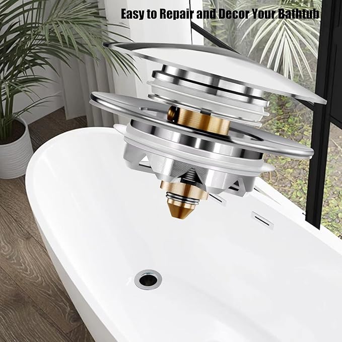 Bathtub Drain Stopper, Pop Up Tub Stopper and Cover, Bottom with Hair Catcher, Universal for 1.45 to 1.8 in Drain, Replaces Old Drain Plug, Chrome Silver