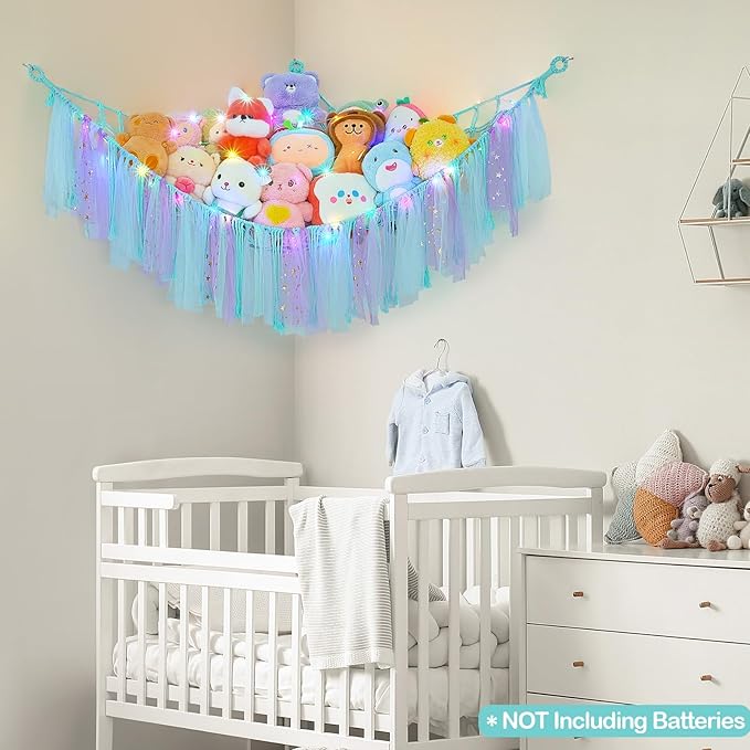 FIOBEE Stuffed Animals Net or Hammock with LED Light, Toy Hammock Hanging Stuffed Animals Storage Organizer Holder Room Décor for Nursery Kids Bedroom