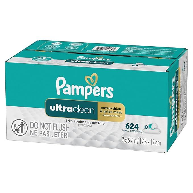 Pampers Ultraclean Baby Wipes (Previously 'Free & Gentle'), 99% Water, Hypoallergenic, Unscented, 100% Plant Based, Plastic-Free, 624 Wipes Total (8X Flip-Top Packs)