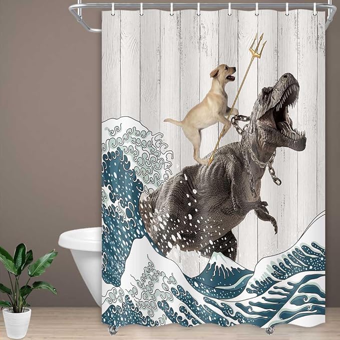 Boziqr Funny Dog Shower Curtain, Japanese Ocean Wave Dinosaur Rustic Barn Door Decor Fabric Bathroom Curtains Set, Cute Animal Kids Polyester Fabric Waterproof, 47 X 64 Inches