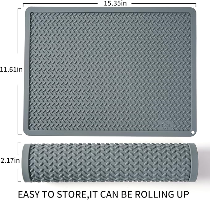 Silicone Drying Mat & Heat Resistant Mat for Kitchen Counter, Non-Slip Dishwasher Safe, Raised Edge for Dishes Bottles Sink (15.35x11.61in, Gery)