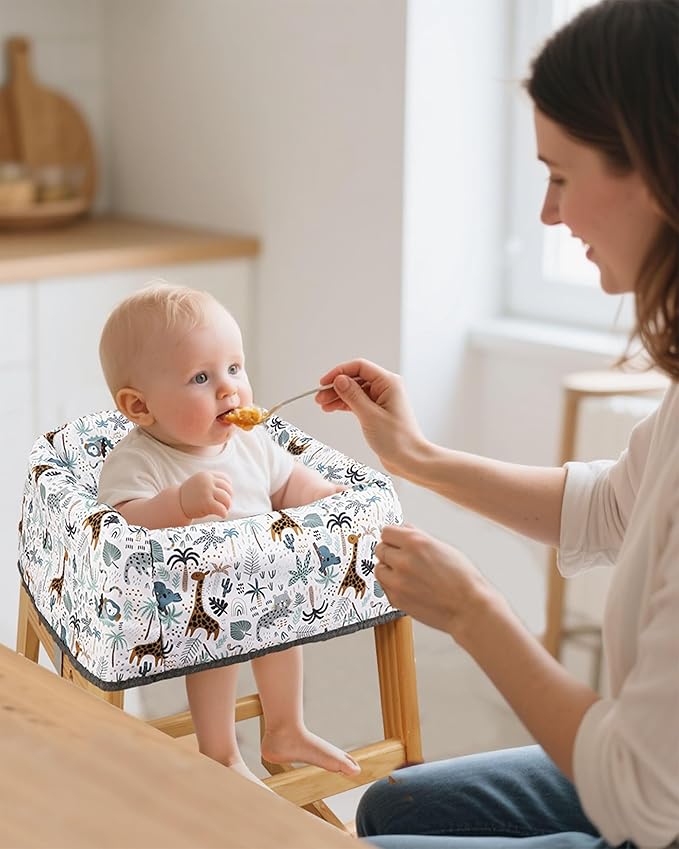 Baby High Chair Cover Restaurant with Strap Pads & 3-Point Harness, Machine Washable, Waterproof Portable Highchair Covers for Eating, Travel, Home Use - Fits Wooden Chairs, Green Forest