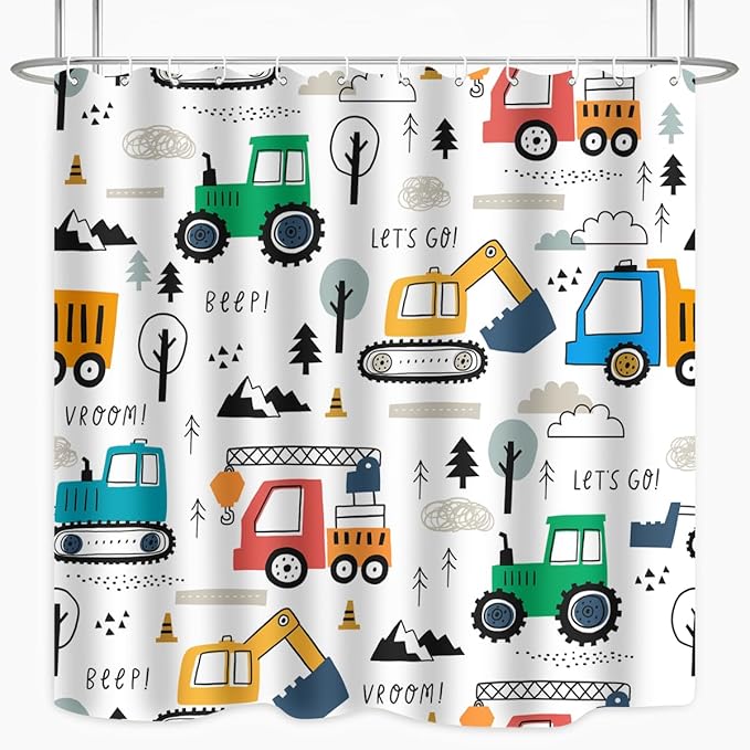 Colourful Construction Truck Shower Curtain Cartoon Excavator Vehicle Tractor Cars for Boys Kids Machinery Bathroom Decor Waterproof Fabric 72Lx72W Inch with Hooks