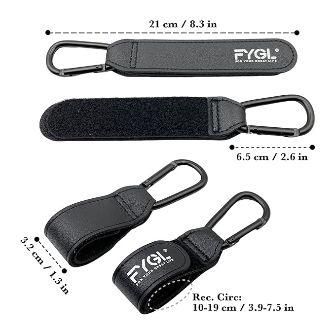 Stroller Hooks - Leather Buggy Clips, Pushchair Carabiner Clip for Bags, Easy Attachment for Pram, Universal Stroller Clips and Hooks, Stroller Accessories - Black (2 Pack)