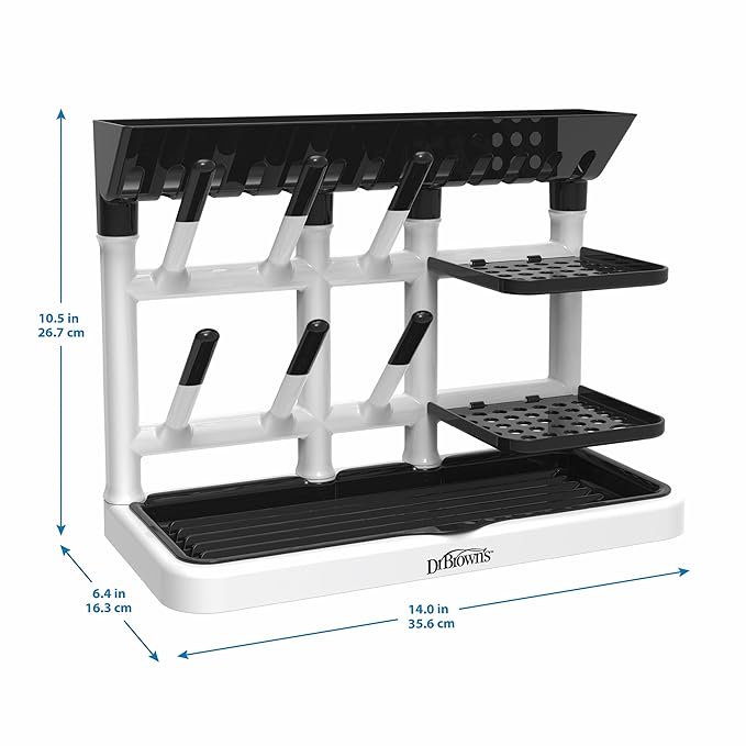 Dr. Brown's Baby Bottle Drying Tower, Stand-Up Countertop Drying Rack with Organized Storage for Baby Essentials, Space Saving Vertical Rack, Black/White