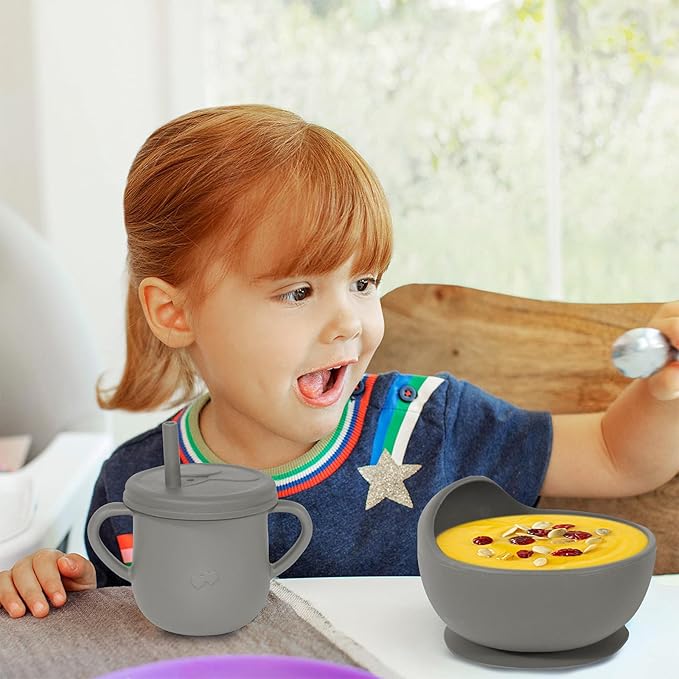 Dormlony 100% Silicone baby feeding set,BPA free Baby dishes set with Suction Bowl Divided Plate,Toddler Self Feeding Dish Set with Spoons Forks Sippy Cup And Bib, Baby Eating Utensils (Grey)