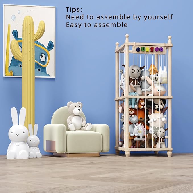 Stuffed Animal Storage Wood Toy Storage Organizer, Upgraded Design from Bean Bag Stuffed Animal Hammock Plushie Net, Large Toy Chest Stuffed animal holder for Kids Nursery Playroom Bedroom (L)