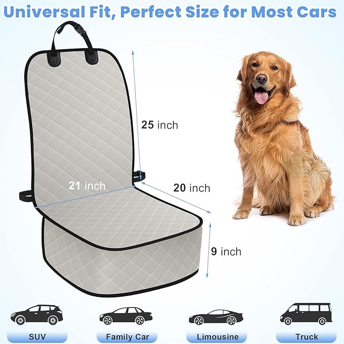 ELONGRIVER Dog Car Seat Covers, Waterproof Front Seat Cover for Dogs, Scratch-Proof, Nonslip Pet Passenger Seat Cover Protector, Universal Fit for Cars Trucks SUVs (Beige, Large Size)