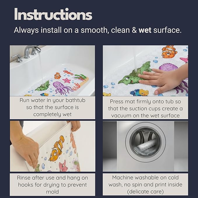 Bath Tub Mat Non Slip Anti Mold for Kids BPA Free INCL Hooks - homerella® Ocean Sea Animals 28x16, Baby Bath Mat Non Slip 200 Suction Cups, Non Toxic Machine Washable Toddler Bath Mat, EU Certified