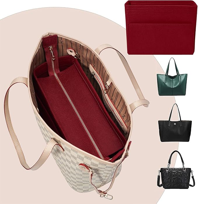 Vercord Felt Zipper Handbag Tote Purse Duffel Backpack Organizer Insert Burgundy Medium