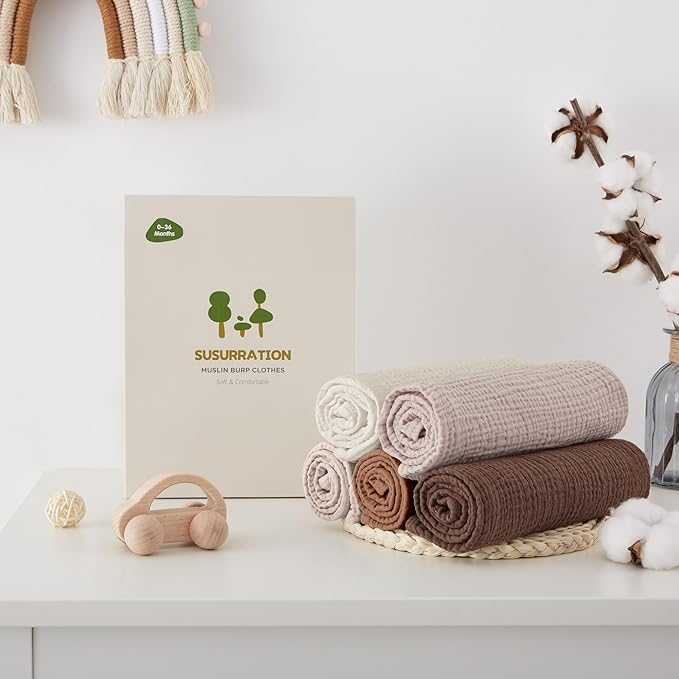 Susurration Baby Burp Cloths Muslin 100% Cotton Burp Cloths 5 Pack, Organic Fabric Burp Cloths for Baby Boy Girl, Newborn Essentials Registry-Brown