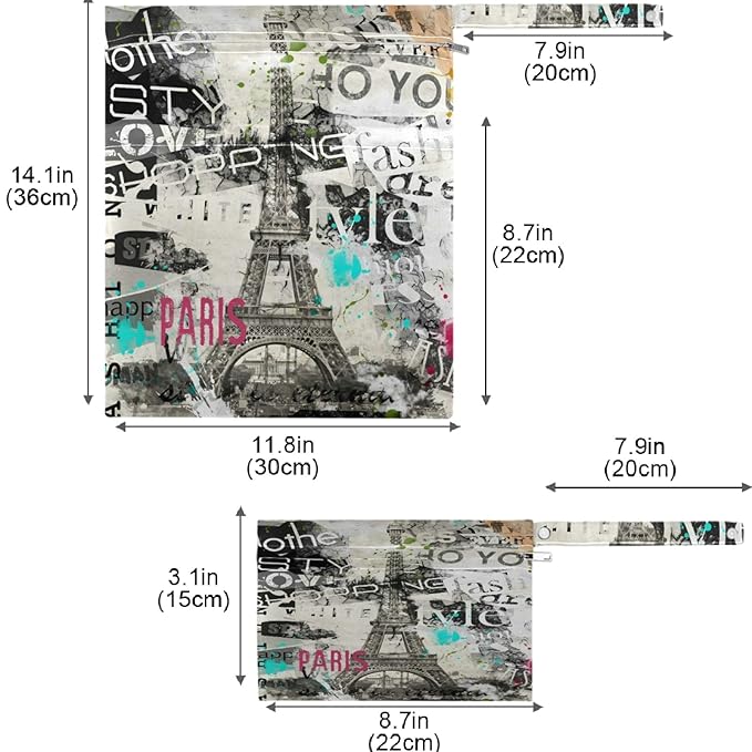 visesunny Vintage Style Paris Eiffel Tower 2Pcs Wet Bag with Zippered Pockets Washable Reusable Roomy for Travel,Beach,Pool,Daycare,Stroller,Diapers,Dirty Gym Clothes, Wet Swimsuits, Toiletries