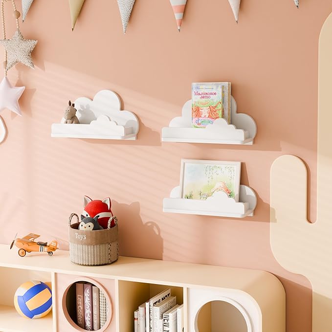 Beskadi Cloud Shelves for Kid’s Room Nursery Wall Deor Set of 3, White Cloud Bookshelf Floating Shelf, Small Figure Shelf Wall Mounted, Cute Decorative Cloud Floating Shelf for Toys, Plants & Storage