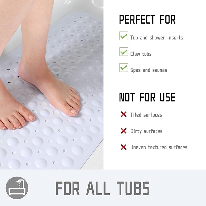 Yimobra 2-Pack Shower Mat Bathtub Mat Non Slip 40 x 16, Bath Mat for Tub Floor with Big Suction Cups and Drain Holes, Machine Washable Shower Mats for Inside Shower, Phthalate Latex Free, White