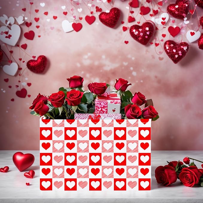 ASKETAM Valentine's Day Basket for Gifts Empty Cute Heart Large Gift Basket Decorative Storage Bin for Kid and Baby Room Décor (Red Checkered Heart)