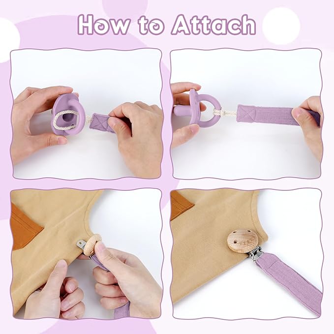 TYRY.HU Ribbon Baby Pacifier Clip Holder, 2 Pack Binky Paci Holder Clips, Pacifier Leash, Universal Binky Leash, Creamy White & Purple